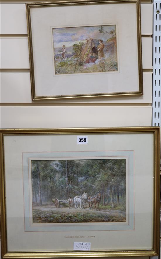 Walter Duncan, two watercolours, Howling Word and Around the Campfire, both signed, 19 x 28cm and 13 x 18cm